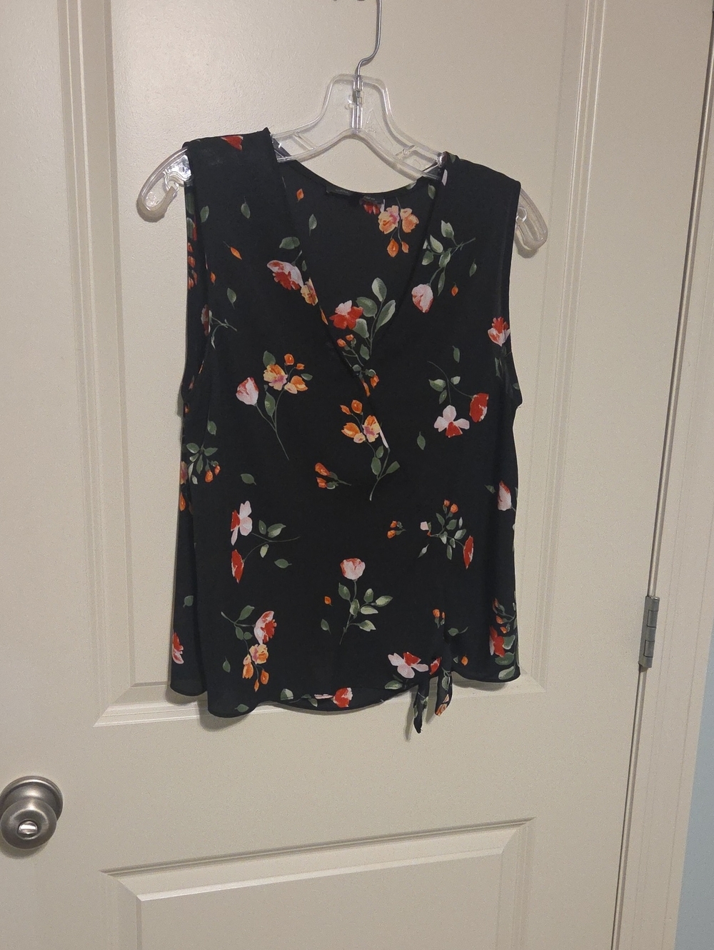 Sleeveless Floral V-Neck Blouse in Black with Pink & Orange Blooms